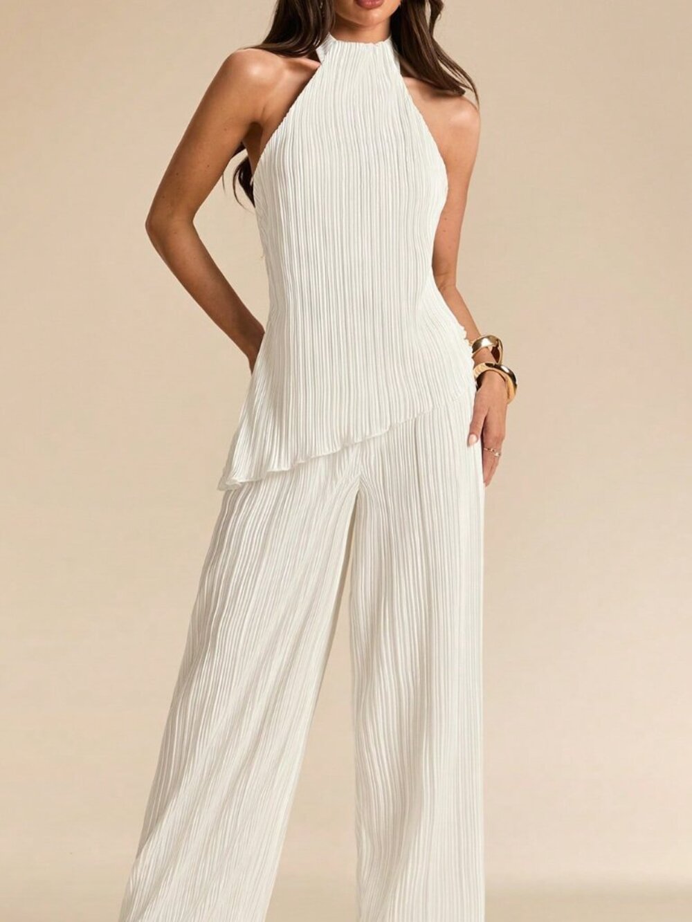 White Casual Women's Elegant Halter Backless Top  & Long Pants Set